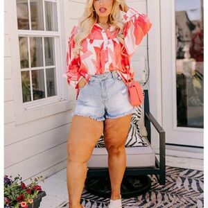 entro Coral and White Abstract Button-Up Blouse